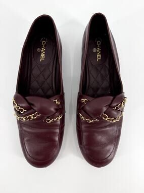 Chanel Bordeaux Burgundy Braided Lambskin CC Chain Loafers Size 39.5 EU 9